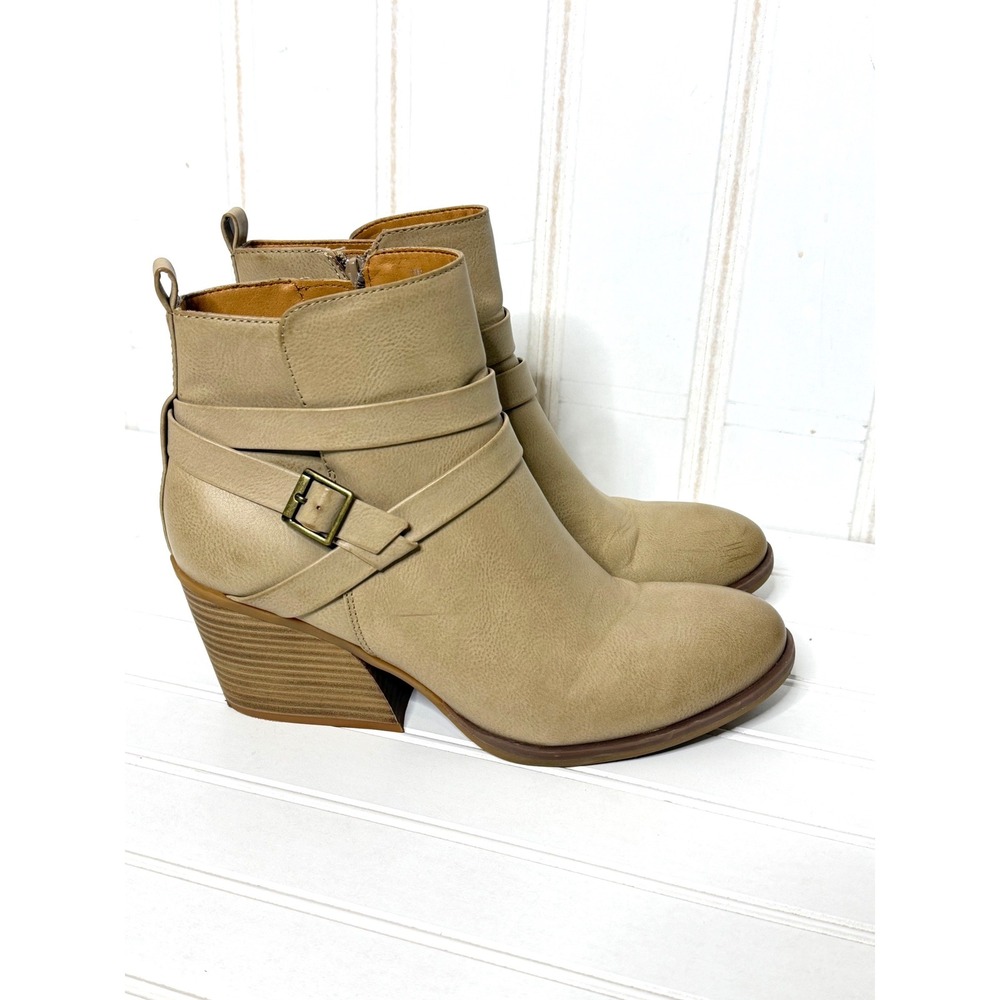 Korks by Kork-Ease Heidi Tan Faux Leather Buckle Block Heel Ankle Boots Size 11M